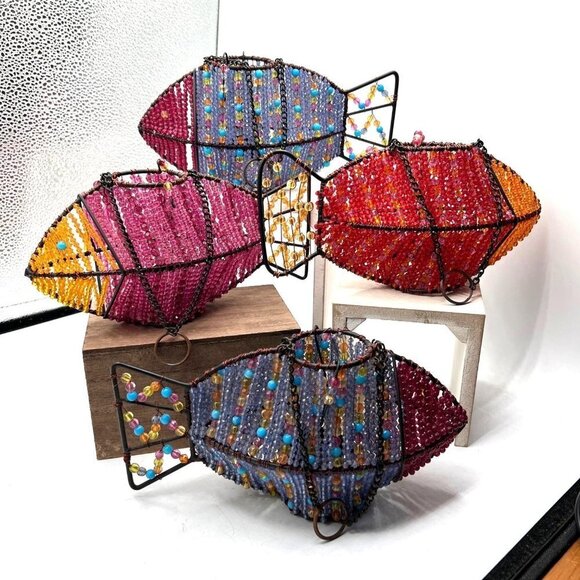 HANDMADE Bead and Wire Hanging FISH Candle Holder Decoration Porch Patio 8"X8" S
